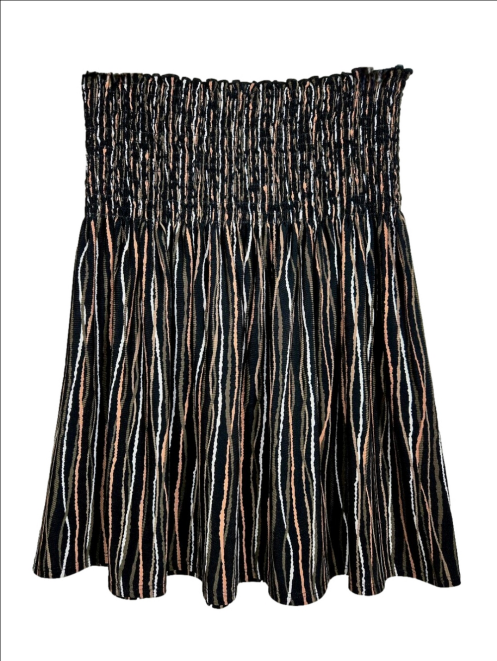 BCBGMaxAzria Black/Brown/Olive Smocked Striped Strapless Top, Size L ~ EUC